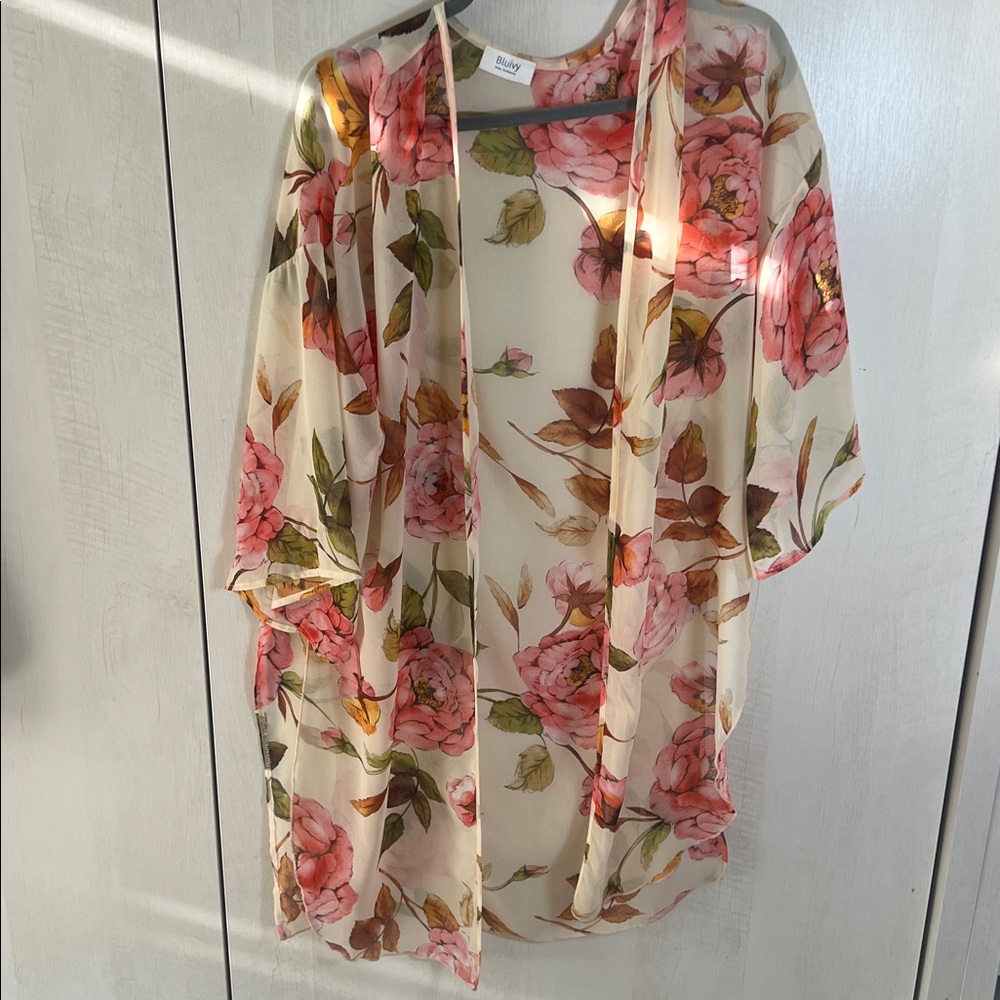 Bluivy Floral Sheer Cardigan in Pink and Cream